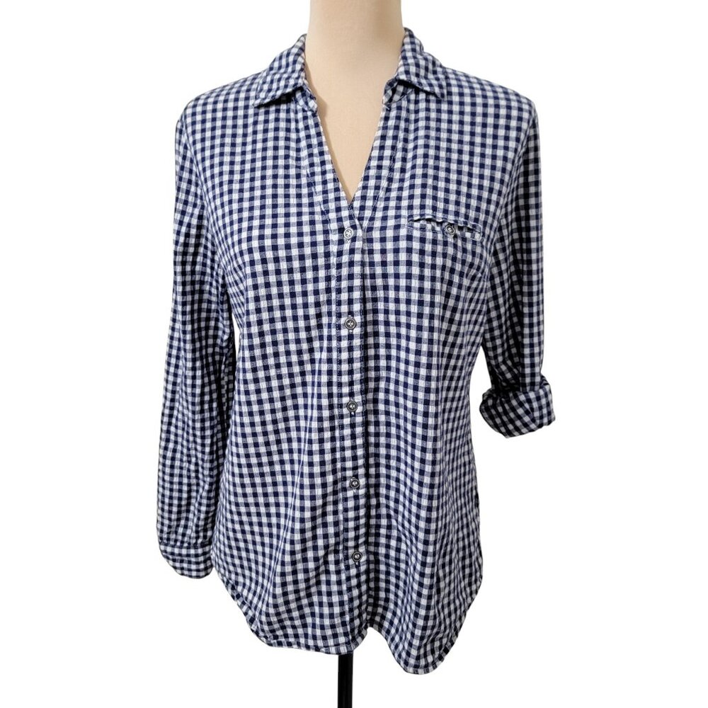 Kut from the Kloth Size M Navy Blue & White Gingham Seersucker Long Sleeve Shirt